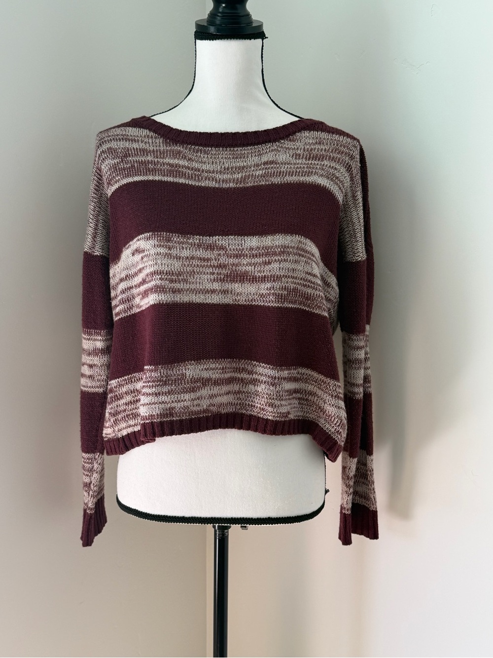 mine Maroon and White Striped Scoop Neck Sweater with Bow Detail